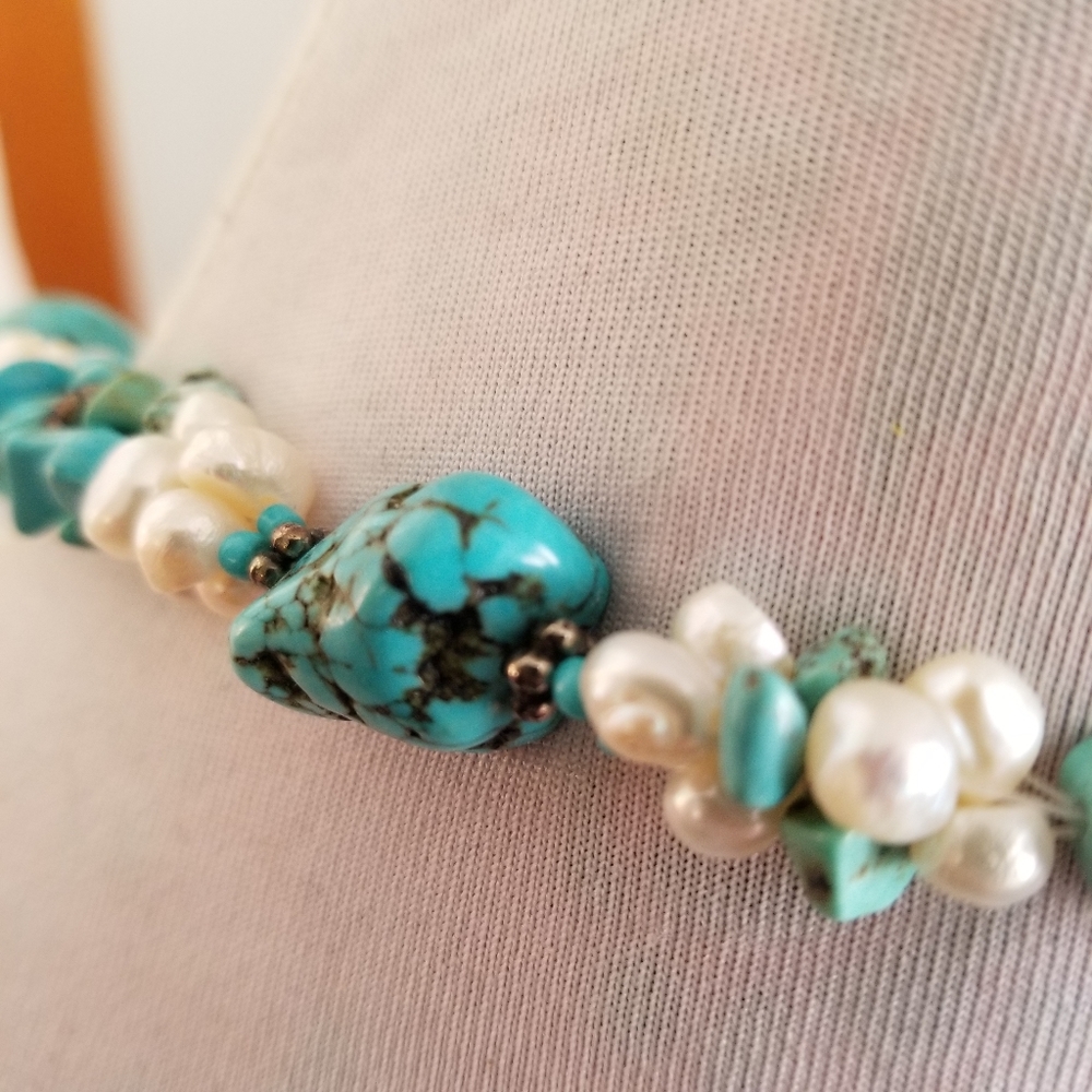 Necklace Southwestern Chunky real pearls and blue stone western style - Picture 9 of 17